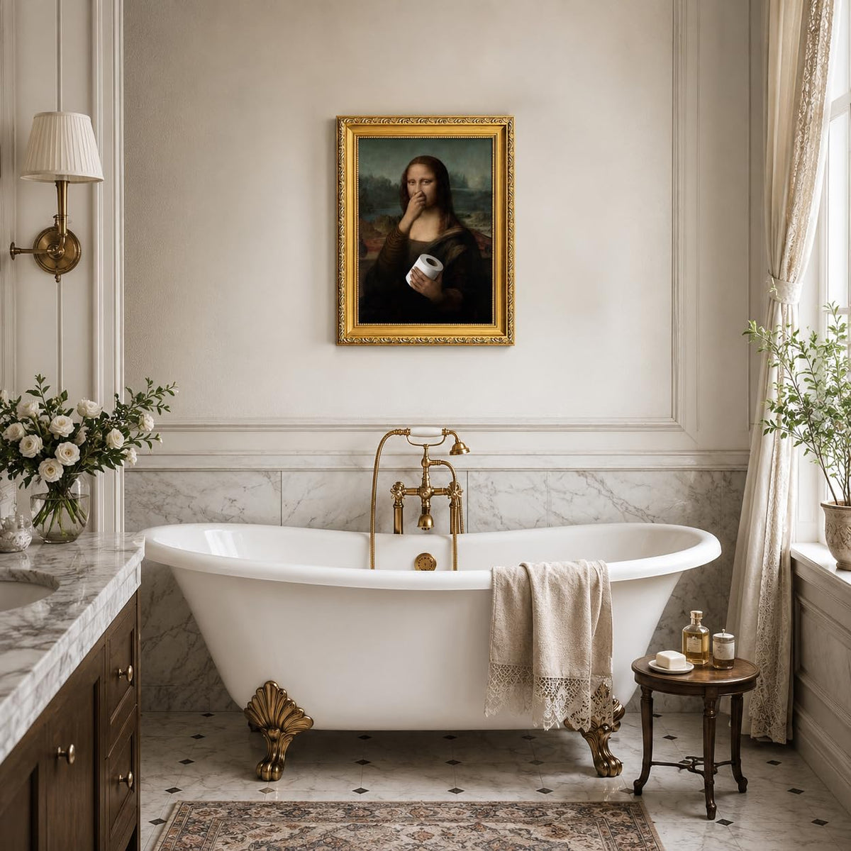 Gold Framed Bathroom Wall Art Mona Lisa Humor Amusing Toilet Art Pinching Nose Wall Decor Funny Vintage Painting Picture Print Whimsical Restroom 9x11 inch Small Framed (Mona Lisa / 16L" x 12W")