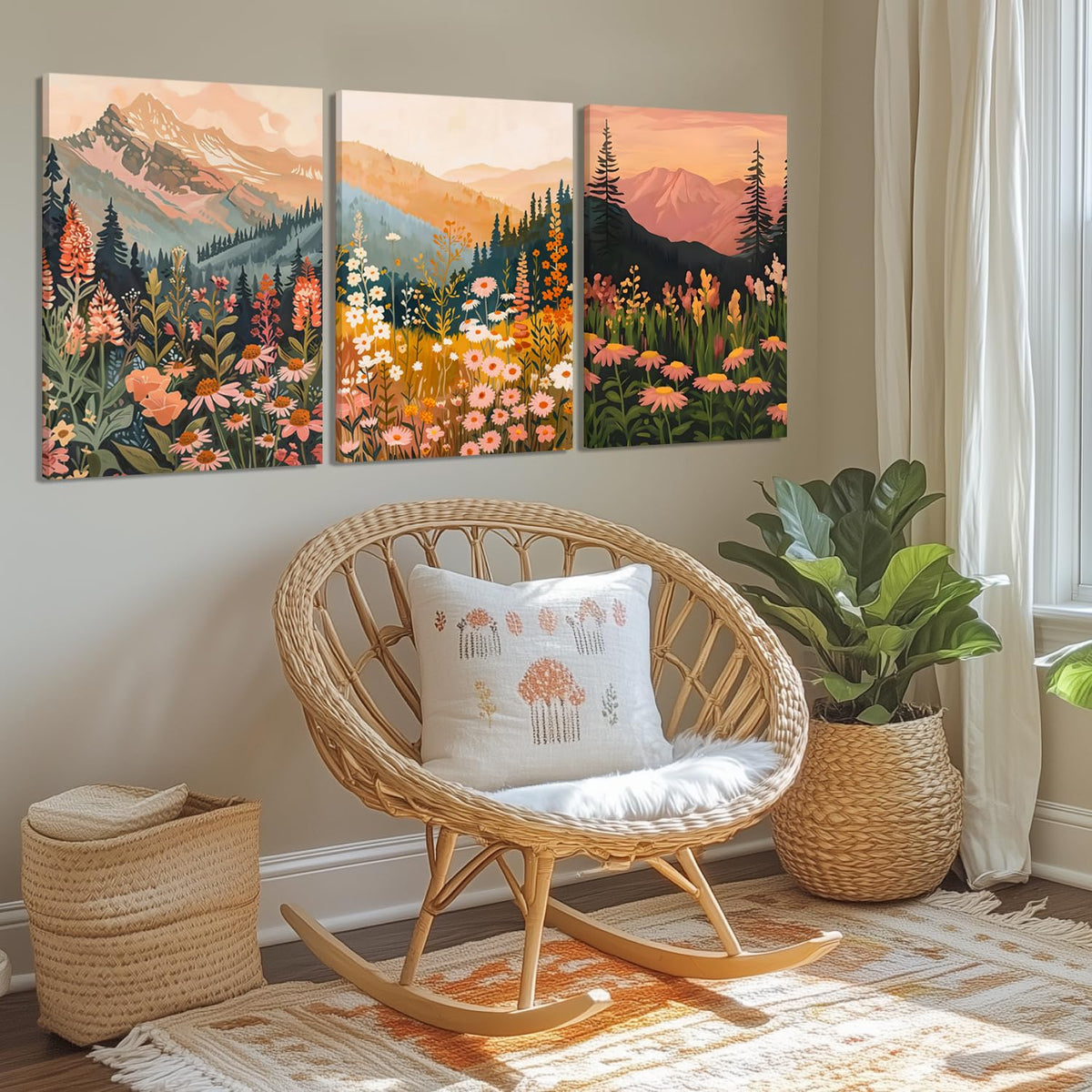 Boho Colorful Watercolor Mountain Canvas Wall Art Set of 3 (Tree canvas / 16L"x12W")