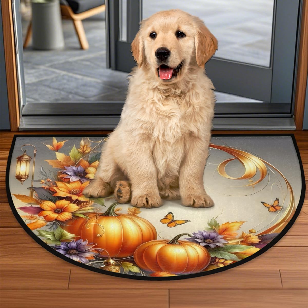 Half Round Door Mat Autumn Butterfly Flower Pumpkin Non (E 05)