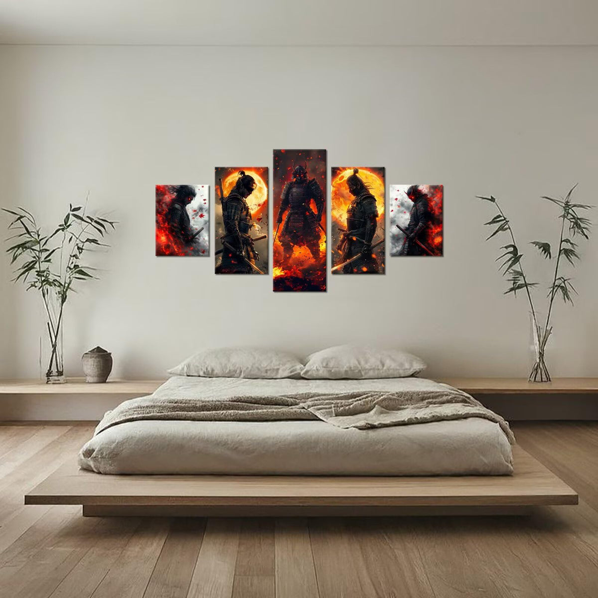 Japanese Pictures Japan Samurai Painting Warrior Figure Theme Anime Wall Art Canvas Print Bushido Posters Artwork for Bedroom Bathroom Office Living Room Home Decor Framed 5 Piece 60''W x 32''H (60"Wx32"H / Samurai 5P-29)
