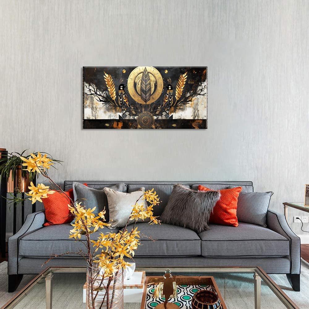 Gold Black Two Symmetrically Ravens Wall Art for Living Room Office Mystical Symbolic African Tribal Painting Prints Abstract Canvas Artwork Dining Bedroom Decor Large (Abstract / Gold Black Two Ravens Wall Art / 46"L x 23"W)