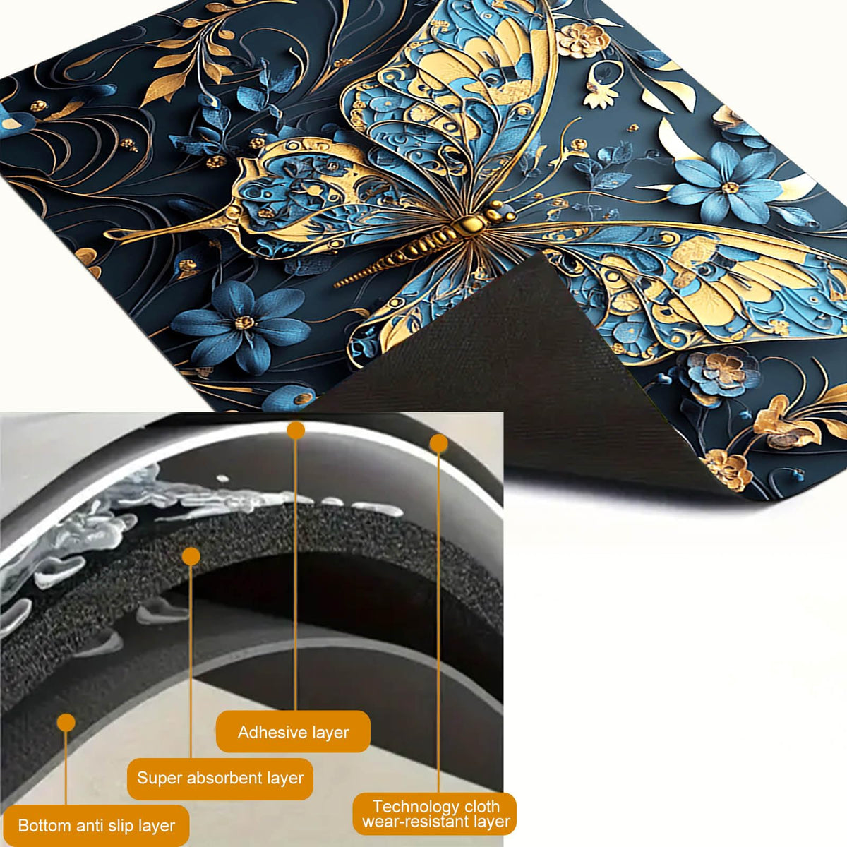 Blue Gold Butterfly Stove Top Cover 28x20 Diatomite Mat