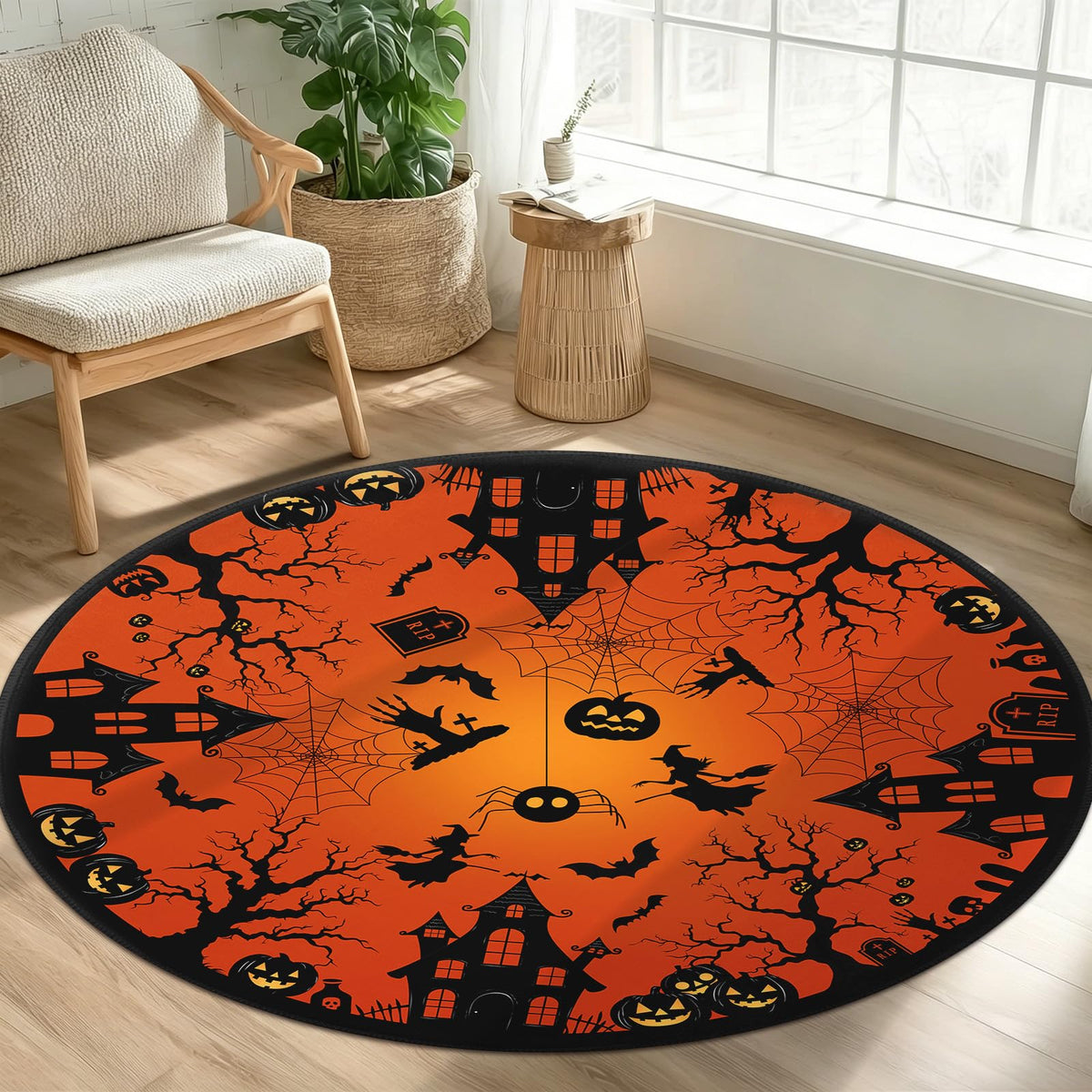 Halloween Round Area Rug 4ft (Spooky-orange / 4' (Round))