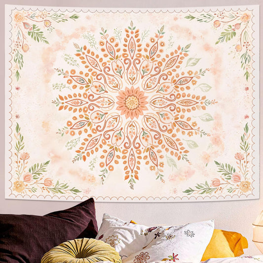 Floral Mandala Tapestry Boho Tapestry for Bedroom Peach Tapestries Wall Hanging Living Room Wall Art and Home Decor 44x60 (60"L x 44"W / Orange Yellow)