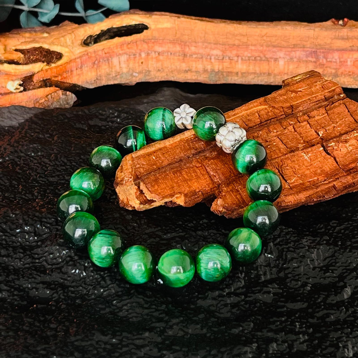 Natural obsidian bracelet (Green Tiger Eye + 925 Silver(12mm)-1 Pcs)