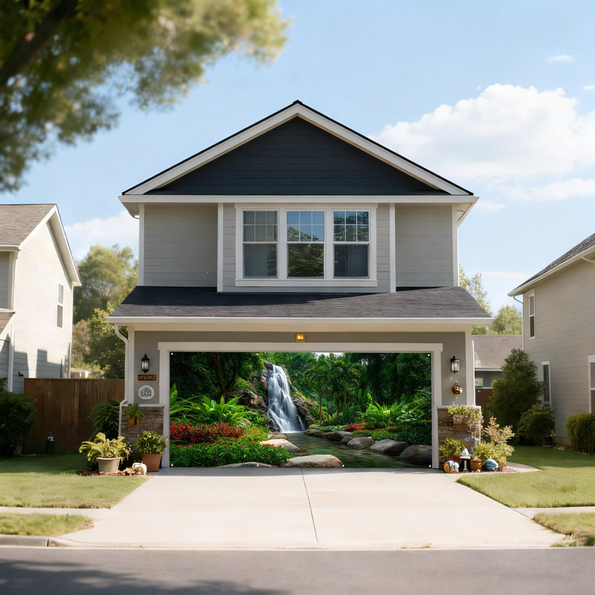 Waterfalls Garage Door Cover Banner (Green Scenic Waterfall)