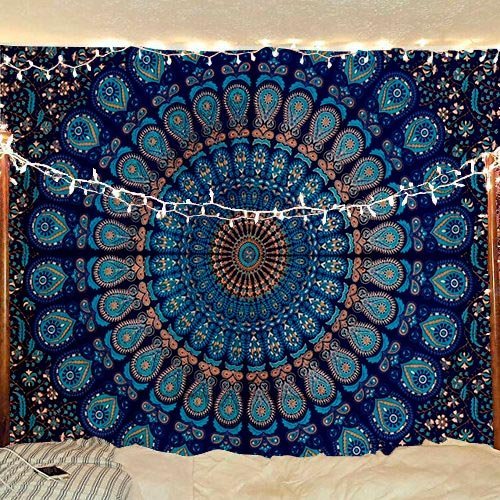 Tapestry Wall Hanging Hippie Mandala Bohemian Hippy Psychedelic Design Indian Peacock Meditation Gypsy Tapestries Bedspread 54 x 60 Inches (60"L x 54"W / Neavy Blue)