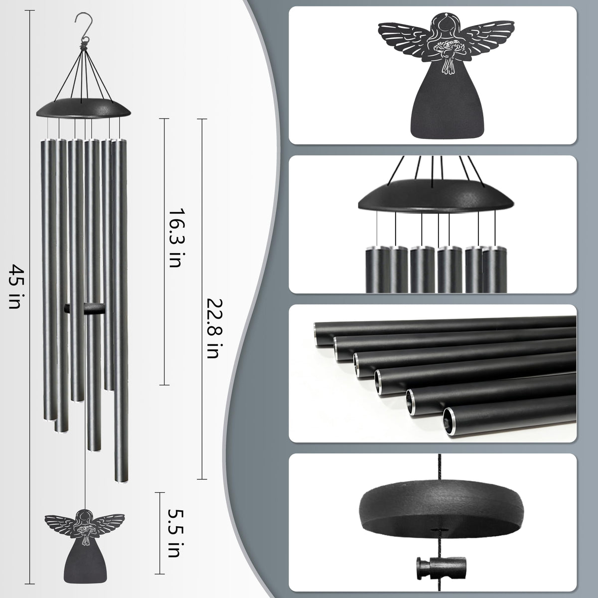 45" Wind Chimes for Outside Deep Tone (Black / 45 inches)
