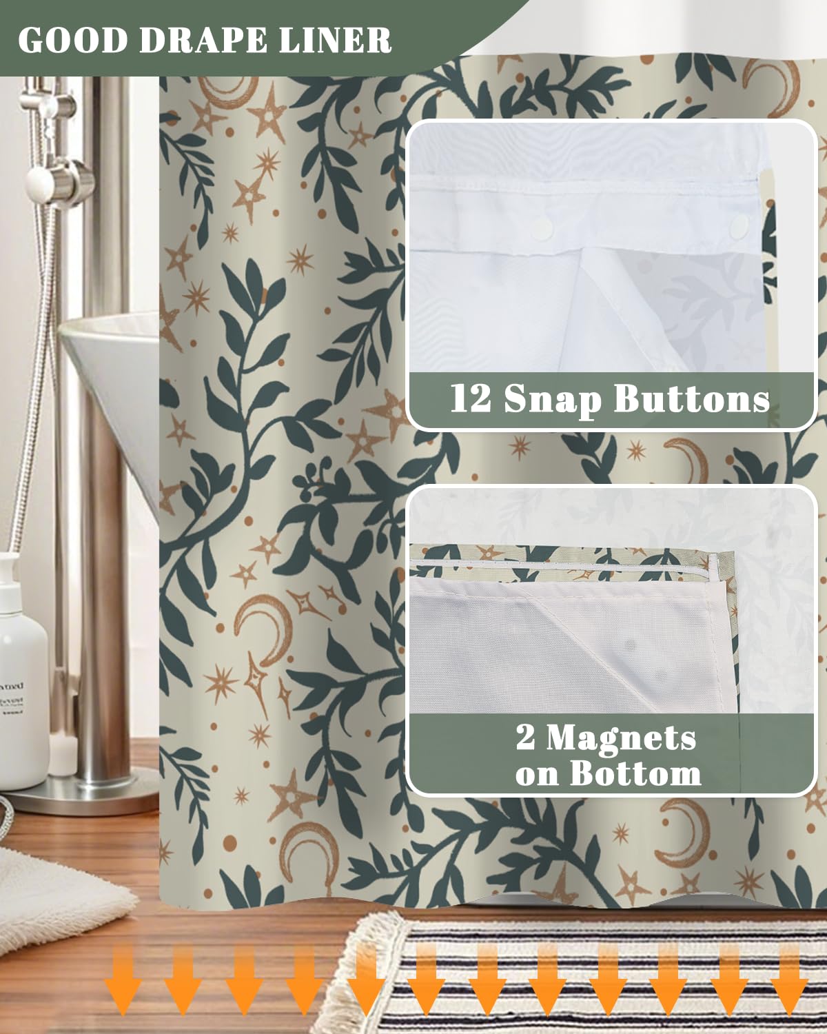 Boho Celestial Shower Curtain with Snap in Removable Liner (Moon and Star)