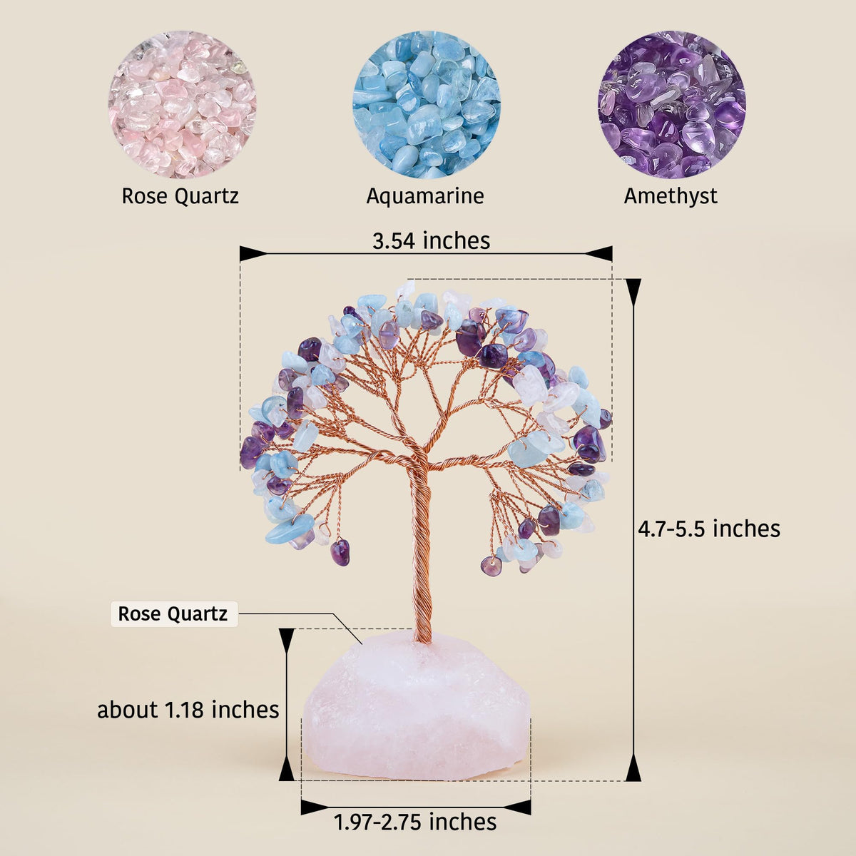 7 Chakra Healing Crystals Stones Tree of Life (Rose Quartz & Amethyst & Aquamarine_stone Pedestal)
