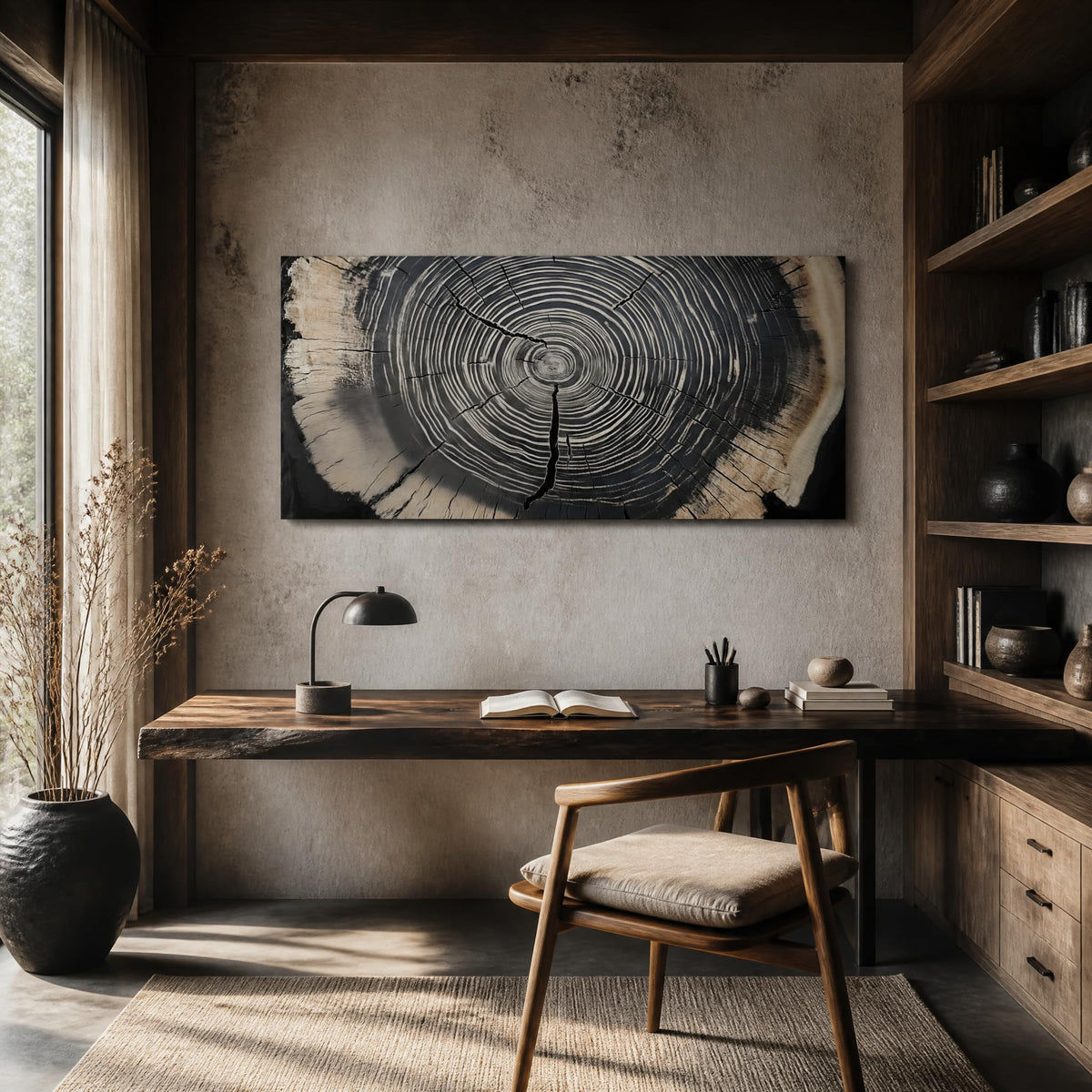 Rustic Tree Ring Canvas Wall Art Modern Wood Slice Cross Section Painting Flat Print Gallery Wrapped Nature Artwork for Living Room Bedroom Bathroom Decor (Wildlife / Black Tree Rings 37 / 40"L x 20"W)