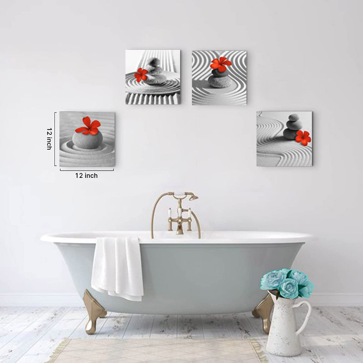 Bathroom Decor Zen Decor Gray Wall Art Red Floral Wall Pictures Black and White Wall Art Flower Zen Stone Sand Pebble Canvas Print Artwork for Bedroom Living Room Home Wall Decoration (zen red grey / 12"L x 12"W x 4 pcs)
