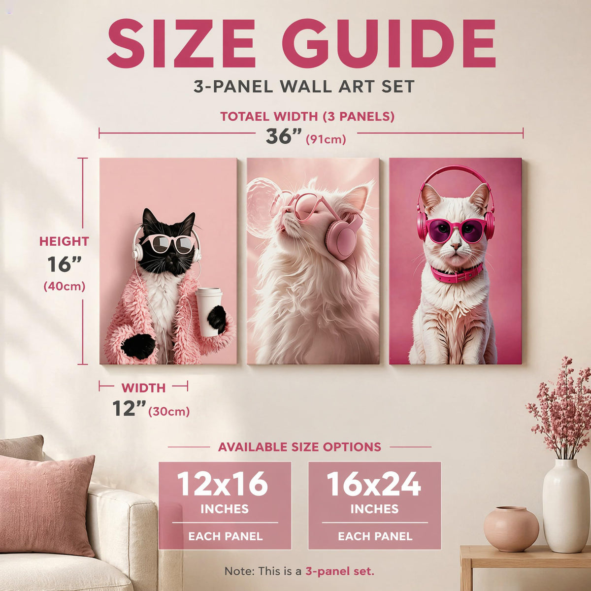 3 Pcs Funny Cat Wrapped Canvas Cat Headphones Wall Art Funny Black Cat Canvas Prints Pictures Cute Animal Poster Prints for Girls Room Dorm Apartment Home Home Decoration 16x24 in Ready to Hang (Wrapped Canvas / 16x24in)