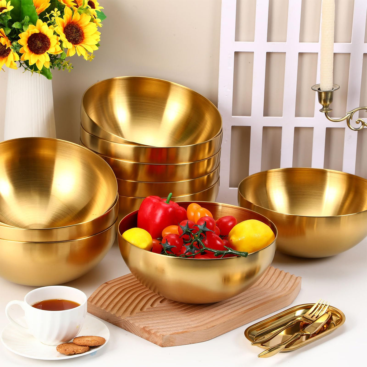 10 Pcs 9.8 Inch Gold Bowls Stainless Steel Salad Mixing Bowls (9.8 Inch / Gold)