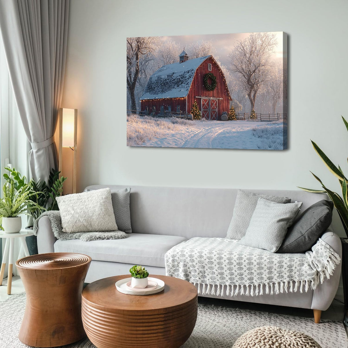 Christmas Barn Wall Art Vintage Farmhouse Canvas Wall Decor Christmas Tree Poster Prints Rustic Winter Snowy Scenic Pictures Country Painting Artwork for Living Room Bedroom Home Decorations 32x48" (48"L x 32"W / Xmas Barn)
