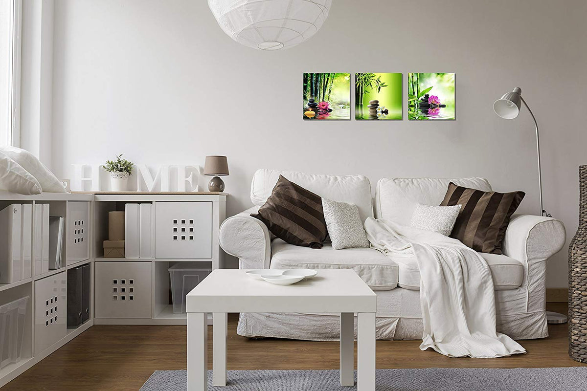 3 Panels Zen Art Spa Decor Green Bamboo Decor Pink Waterlily and Frangipani Pictures Spa Pictures Zen Canvas Painting Prints Art Bamboo & Flowers Pictures for Home Decoration (12x12inchx3 / Colorful Flower Spa Stone)