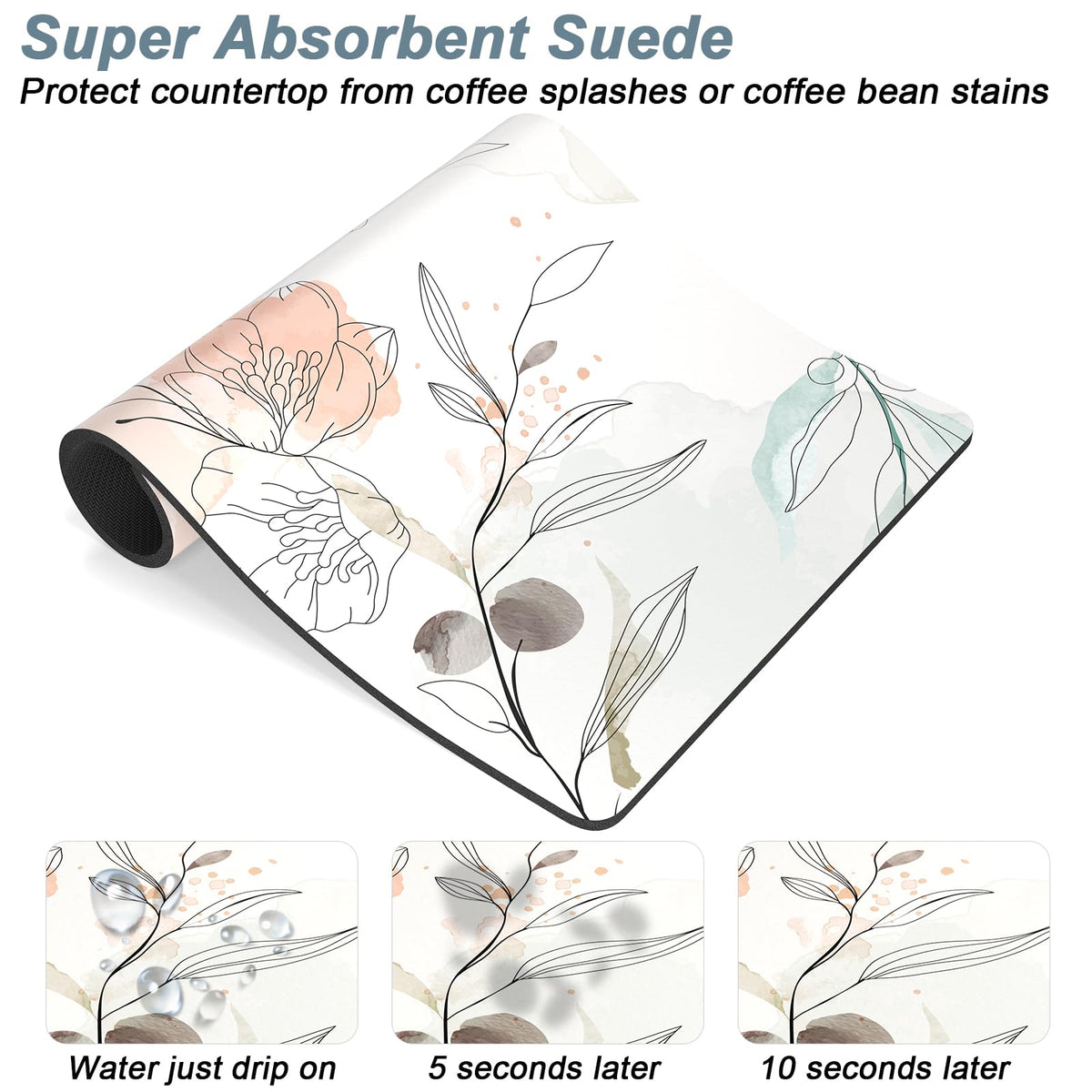 Coffee Mat 12" x 19" Cute Coffee Bar Mats for Espresso Machine Station Accessories and Organizer (Watercolor Flowers / 12" x 19")