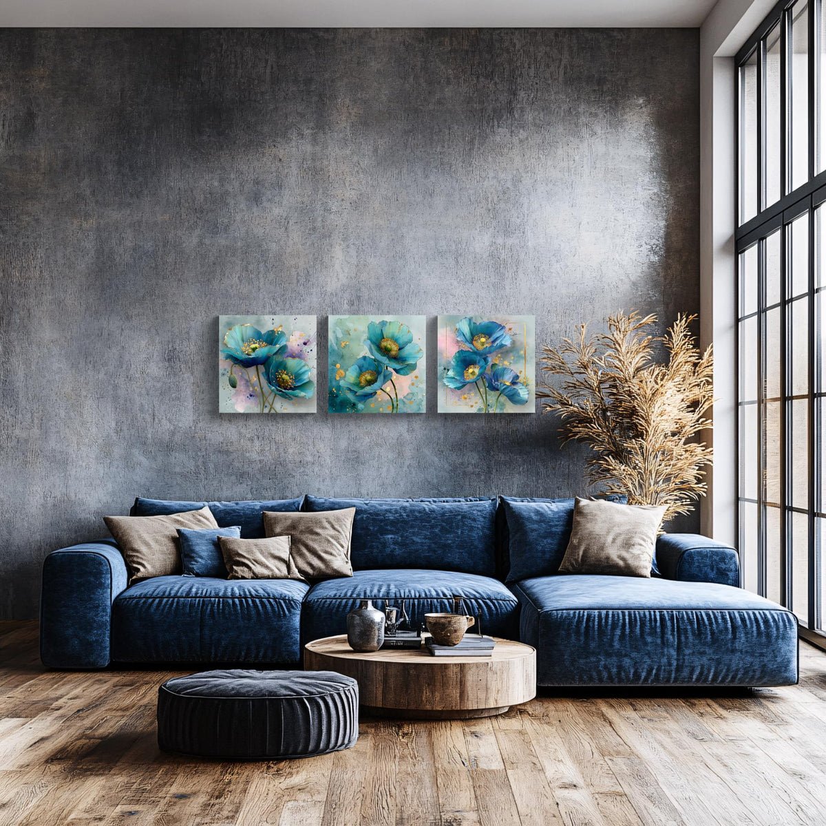 3Pcs Blue Teal Poppy Flower Wall Art Canvas Print with Gold Accents Modern Botanical Floral Contemporary Watercolor Style Elegant Flower Artwork for Living Room Bedroom Home Office Wall Decor (16 x 16 inches (3-Piece Set) / Blue Poppy)