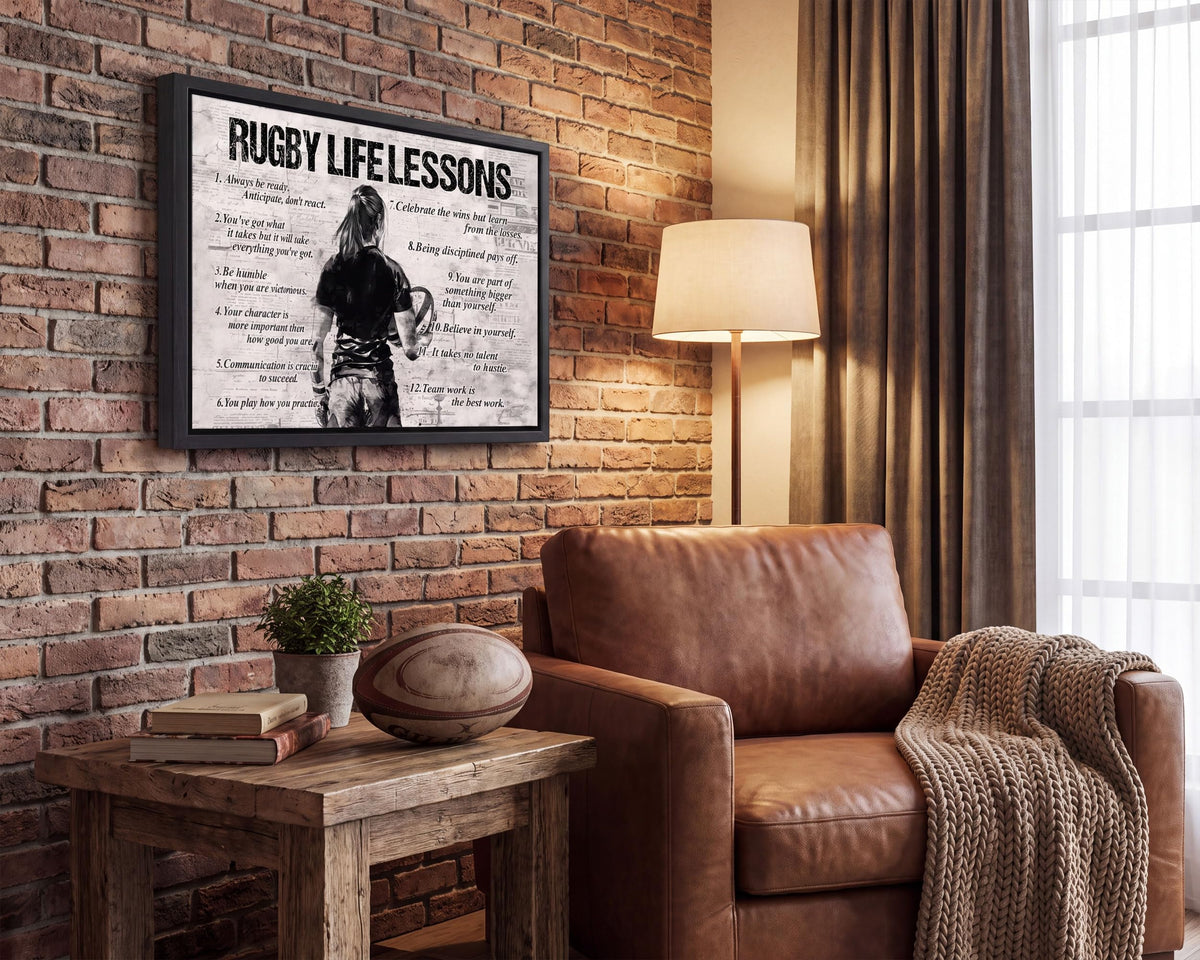 Black Framed Girl Rugby Life Lessons Canvas Wall Art 16x24in (Girl Rugby / 24"L x 16"W)