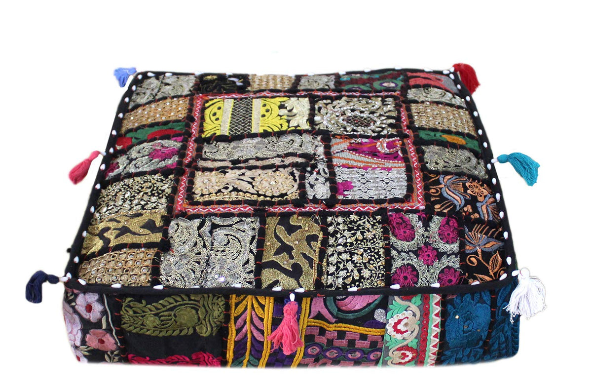 Indian Square Patchwork Traditional Pouf Cover Indian Living Room Poufs Decorative Embroidered Designer Ottoman Home Living Footstool Chair Cover Decor Pillow Cover 16x16x5 inches (16"D x 16"W x 5"H / Black)