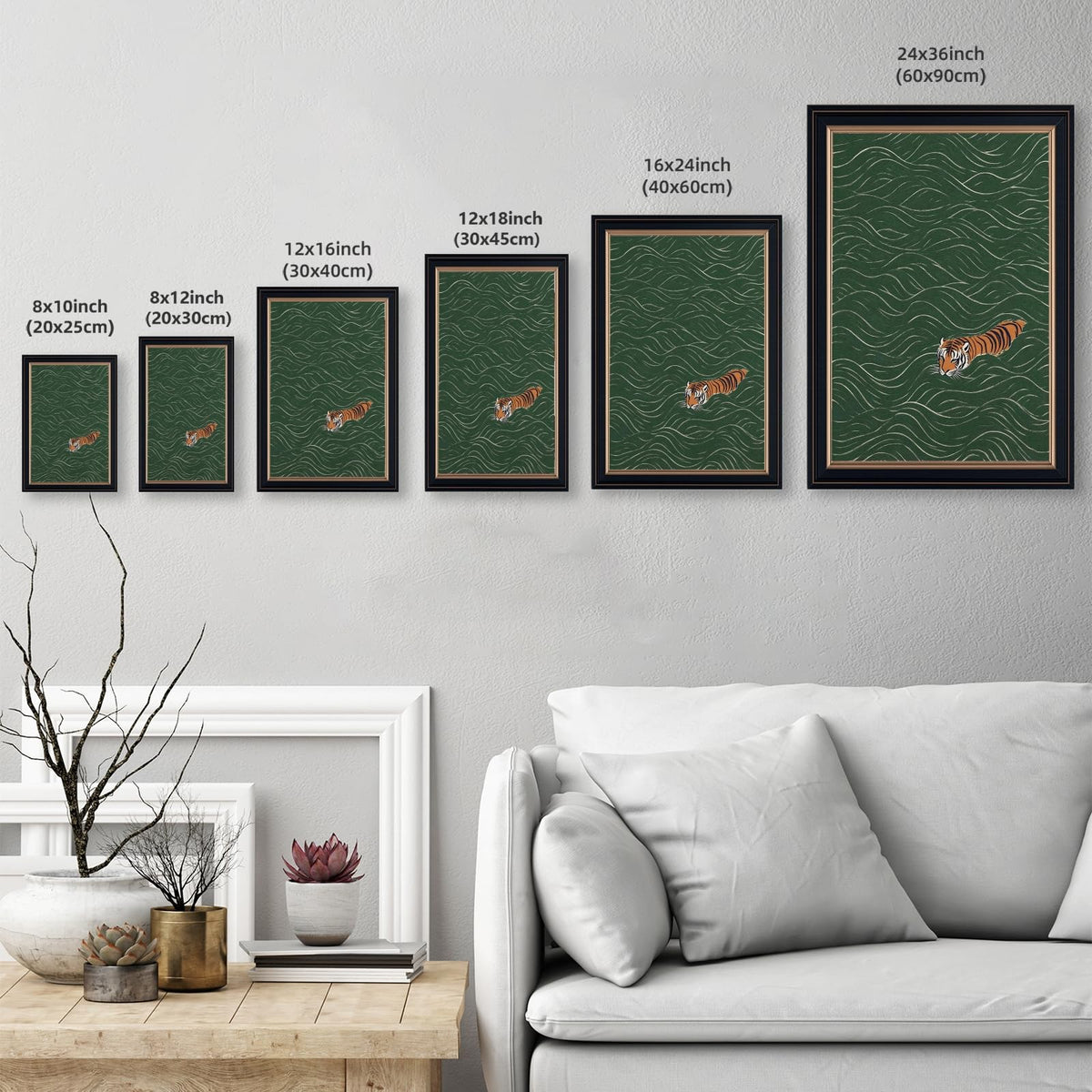 Framed Japanese Tiger Swimming Wall Art Ukiyo (16"L x 24"W / Style-3 Retro Black Frame)