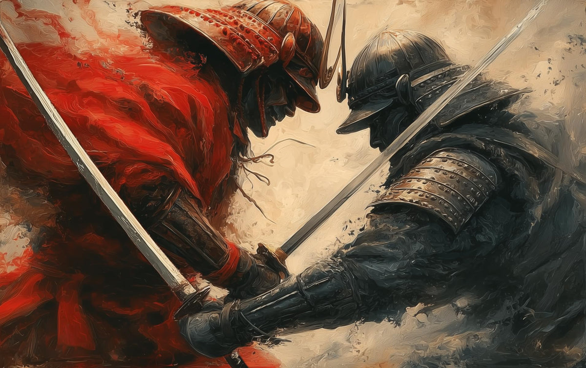 Dueling Samurai Oil Paint Canvas Framed Wall Art (24"L x 36"W / Samurai26)