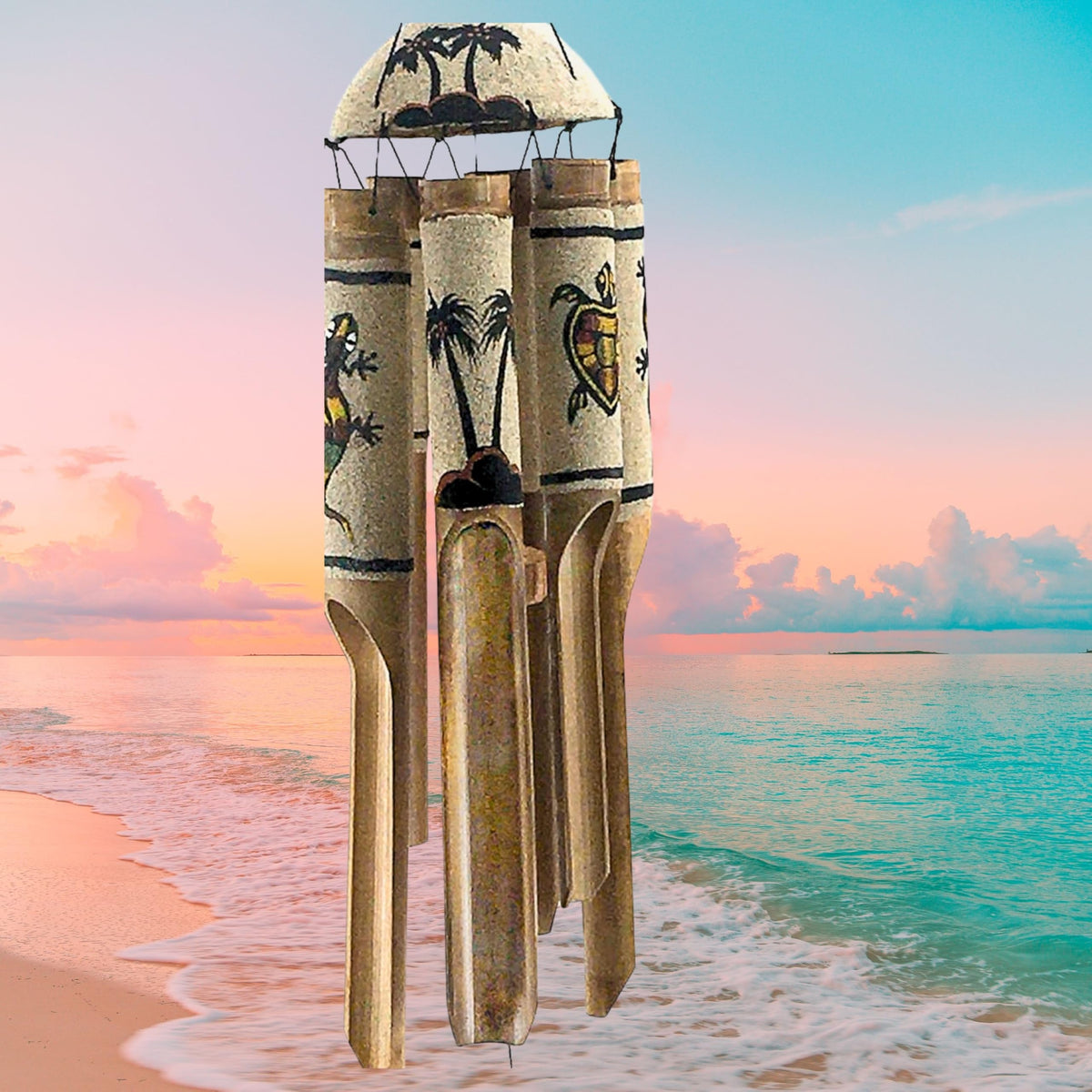 24629 Bamboo Wind Chimes Sea Sand Art Painting Palm Coconut Tree Gecko Sea Turtle Handmade Windchimes Outdoor Garden Patio Gifts 32 Inch (Black Sand)