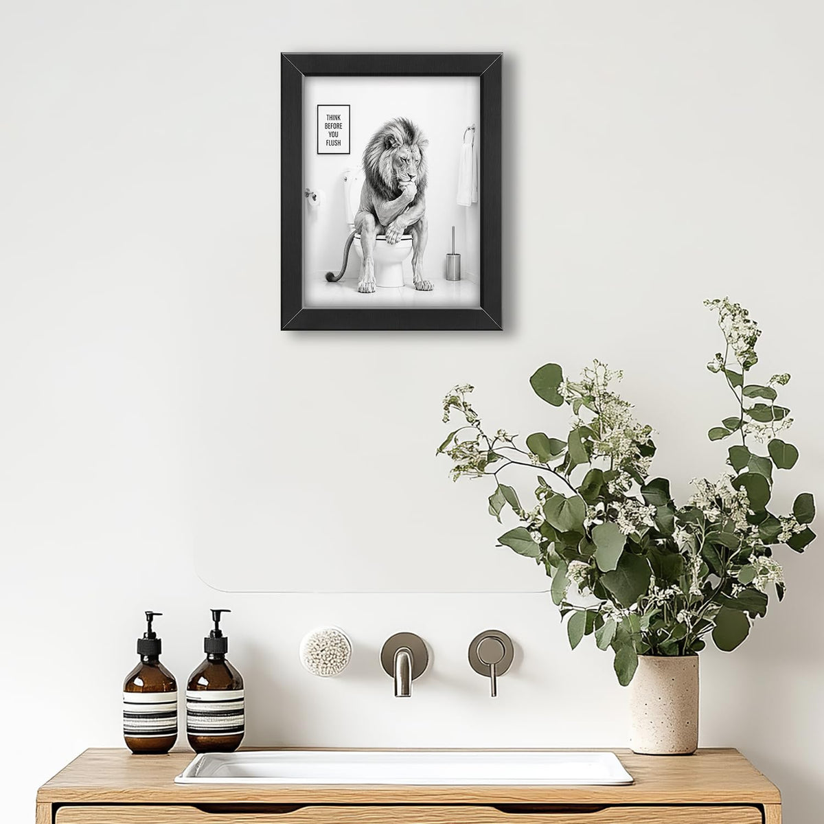 Funny Bathroom Wall Art Framed Lion Bathroom Decor (Framed Bathroom Art 8 / 16"L x 12"W)