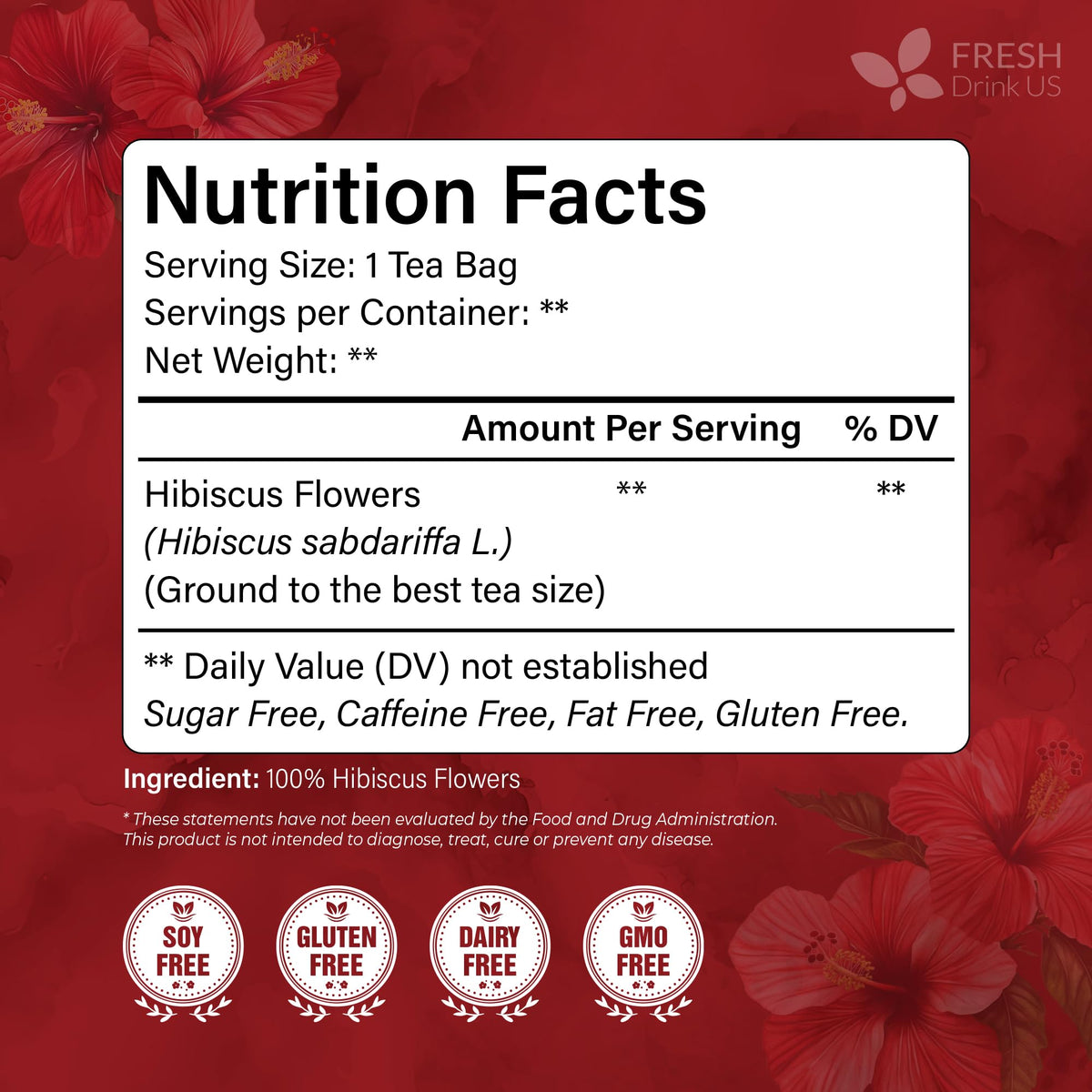 Premium 10 Hibiscus Flowers Tea Bags (10 Tea Bags)