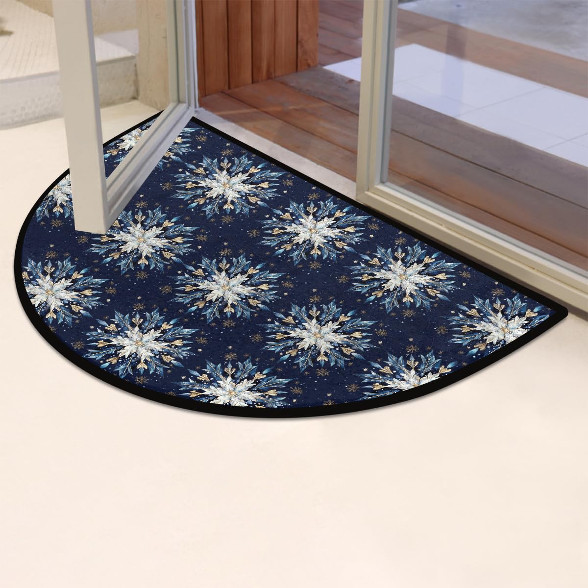 Christmas Blue Decoration Half Round Door Mat Non Slip Washable Semi Circle Area Rug Absorbent Soft Half Moon Rug Floor Mat for Indoor Outdoor Kitchen Bathroom Patio Front Door Mat Decor (X96)