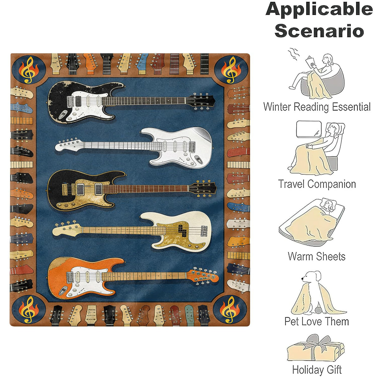 Guitar Throw Blanket Music Rock and Roll Cozy Soft Plush Flannel 60"X80" (Guitar / 60"X80")