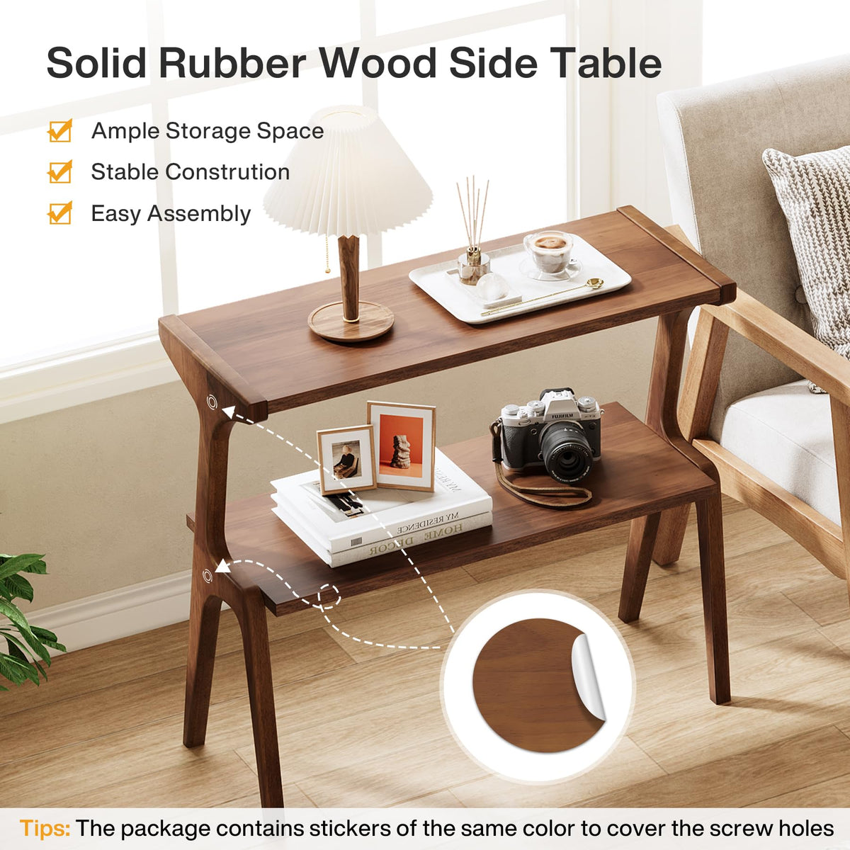 Set of 2 Solid Wood Side Table (Rustic Brown)