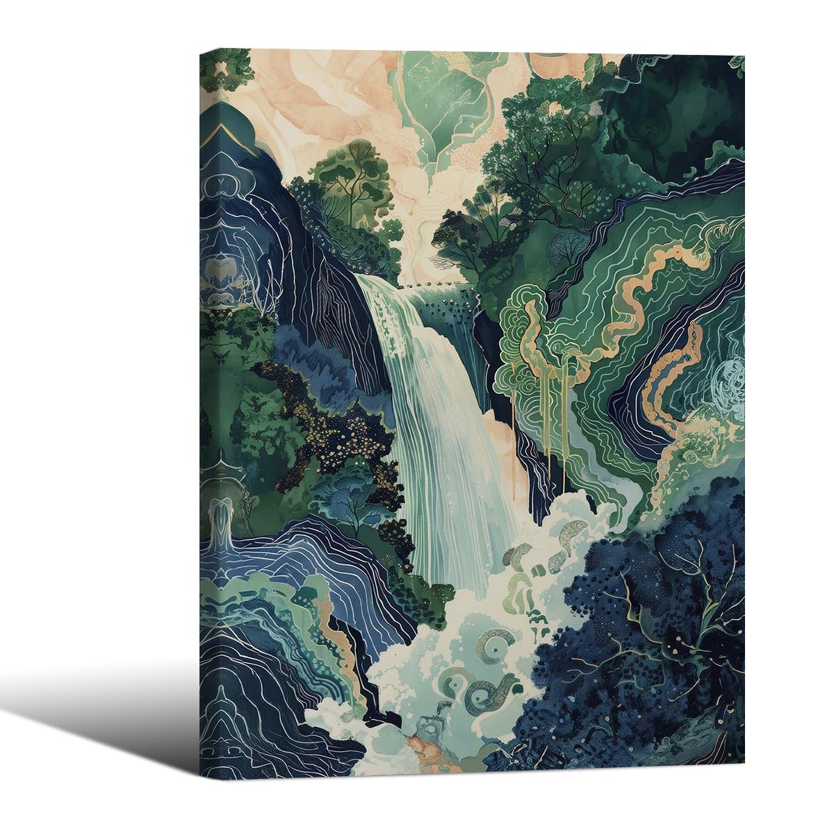 Japanese Landscape Framed Prints Poster Abstract Nature Mountain Canvas Wall Art 12x16 inch Vintage Asian Waterfall Painting Ukiyo (Wrapped Canvas / Japanese Painting / 16"L x 12"W)