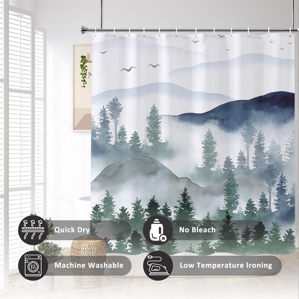 Green Forest Shower Curtain Mountain Birds Misty Pine Forest Scenery Shower Curtain Waterproof Fabric for Bathroom Decor (72"W x 78"L (Pack of 1) / Green06)