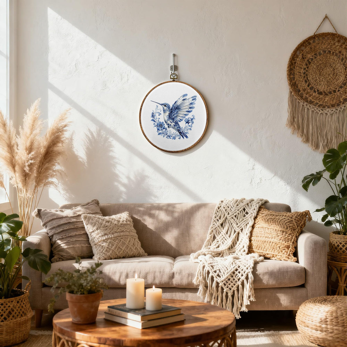 Blue and White Chinoiserie Hummingbird Round Wall Art (29Child)