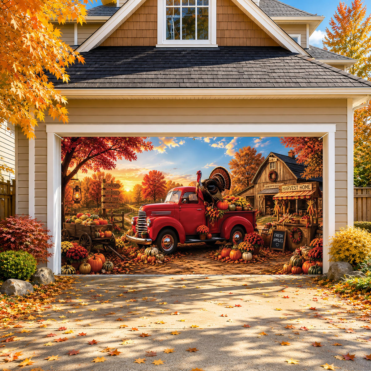 Thanksgiving Garage Door Banner Red Truck 6x13FT Fall Harvest Backdrop (A-Thanksgiving Turkey)