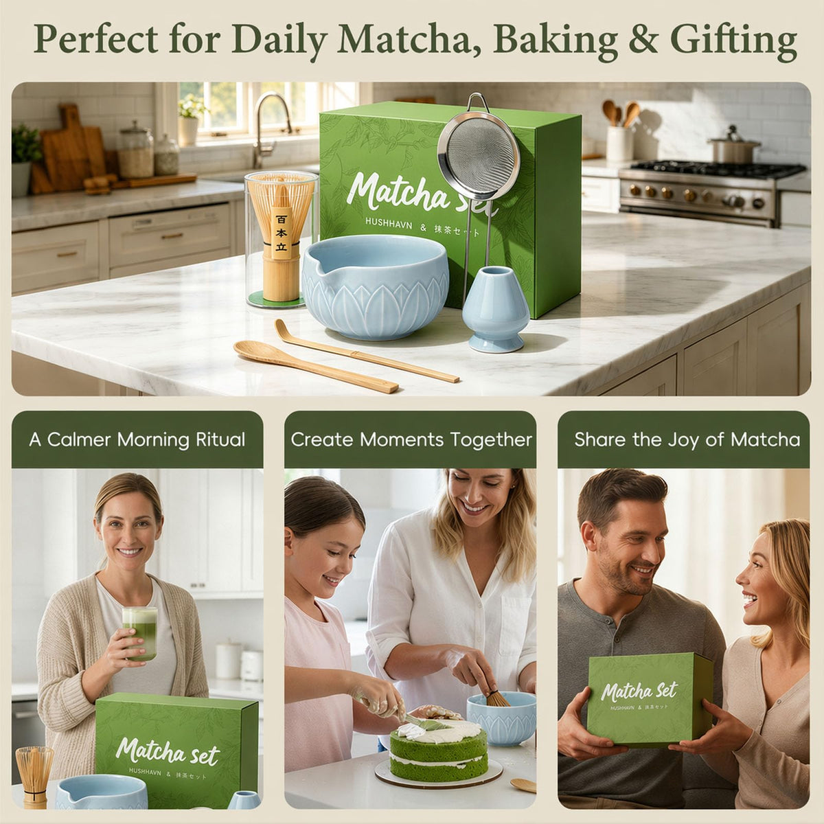 Matcha Whisk Set with Ceramic Bowl & Bamboo Chasen (Leaf Blue)