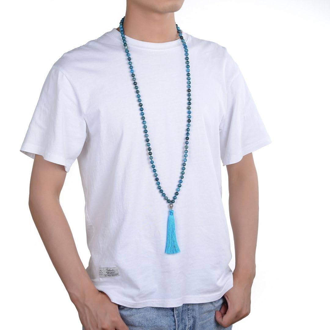 Real 108 Mala Beads 8mm Blue Apatite Stone Beaded Necklace (Blue Apatite)
