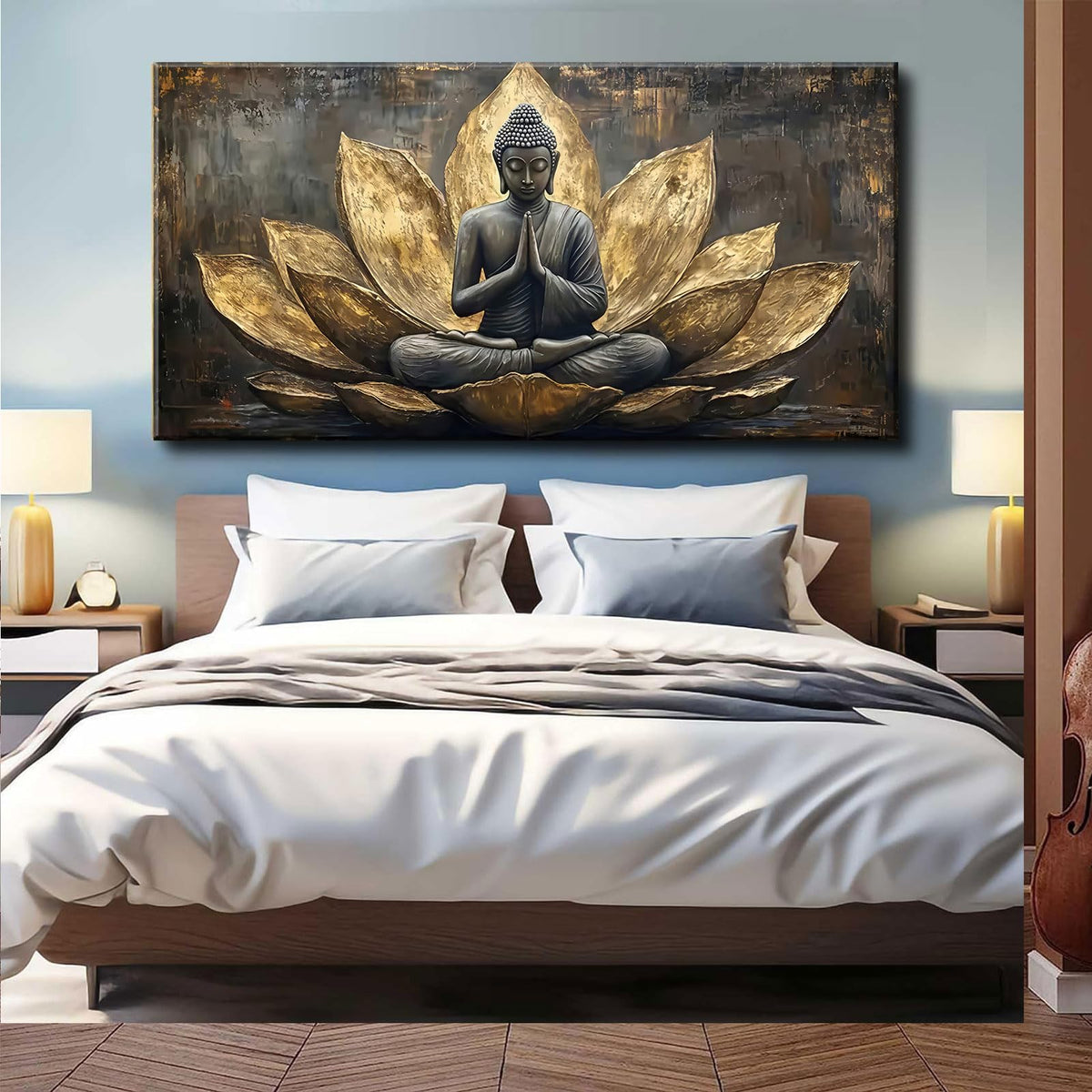 Large Buddha Lotus Canvas Wall Art Abstract Gold and Grey Zen Buddhism Decor painting Pictures Modern Serene Meditation Posters Prints for living room Bedroom Office Hallway Home Decoration (gold / 48"L x 24"W)