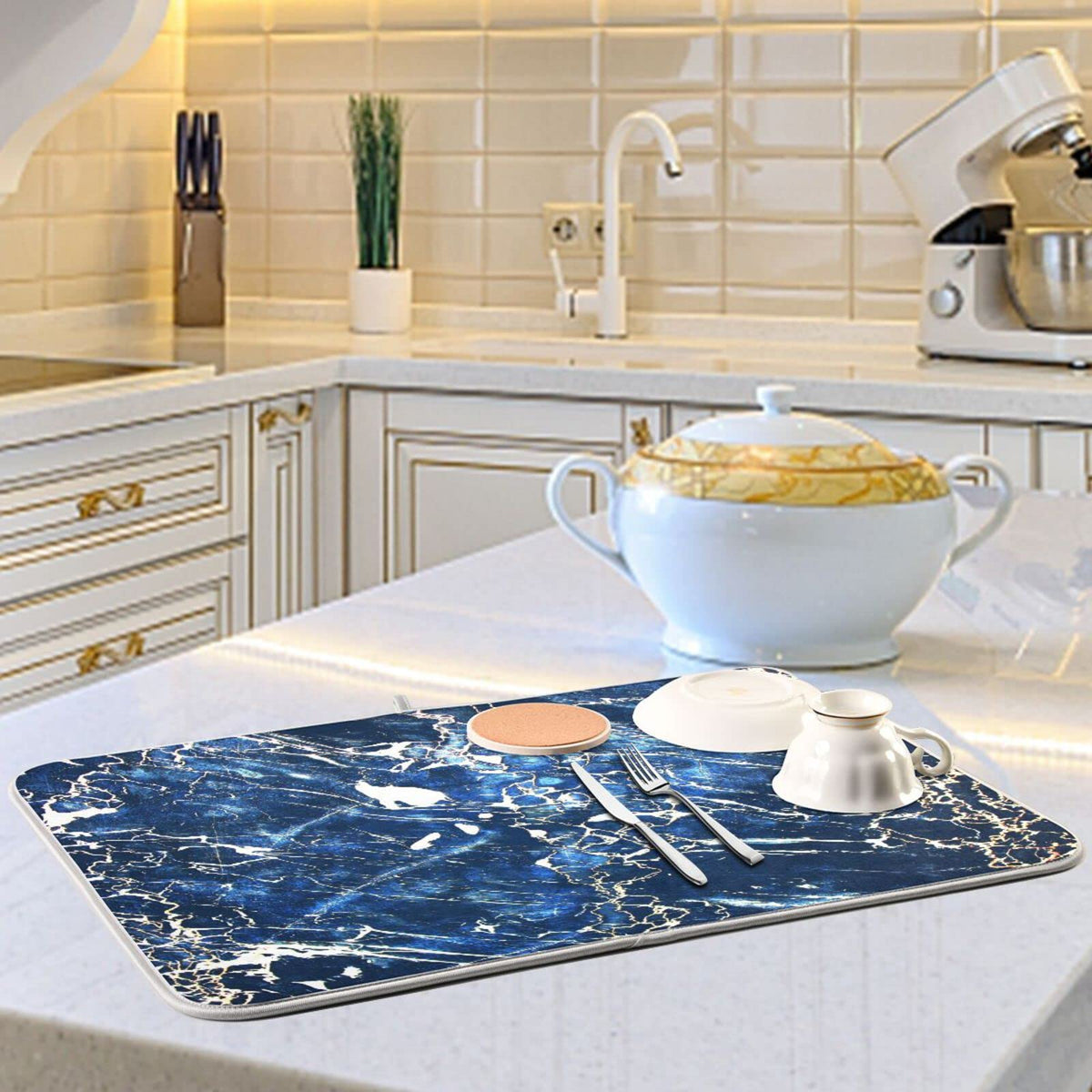 Super Absorbent Dish Drying Mat (Marble Black Navy Blue / 18" x 24")