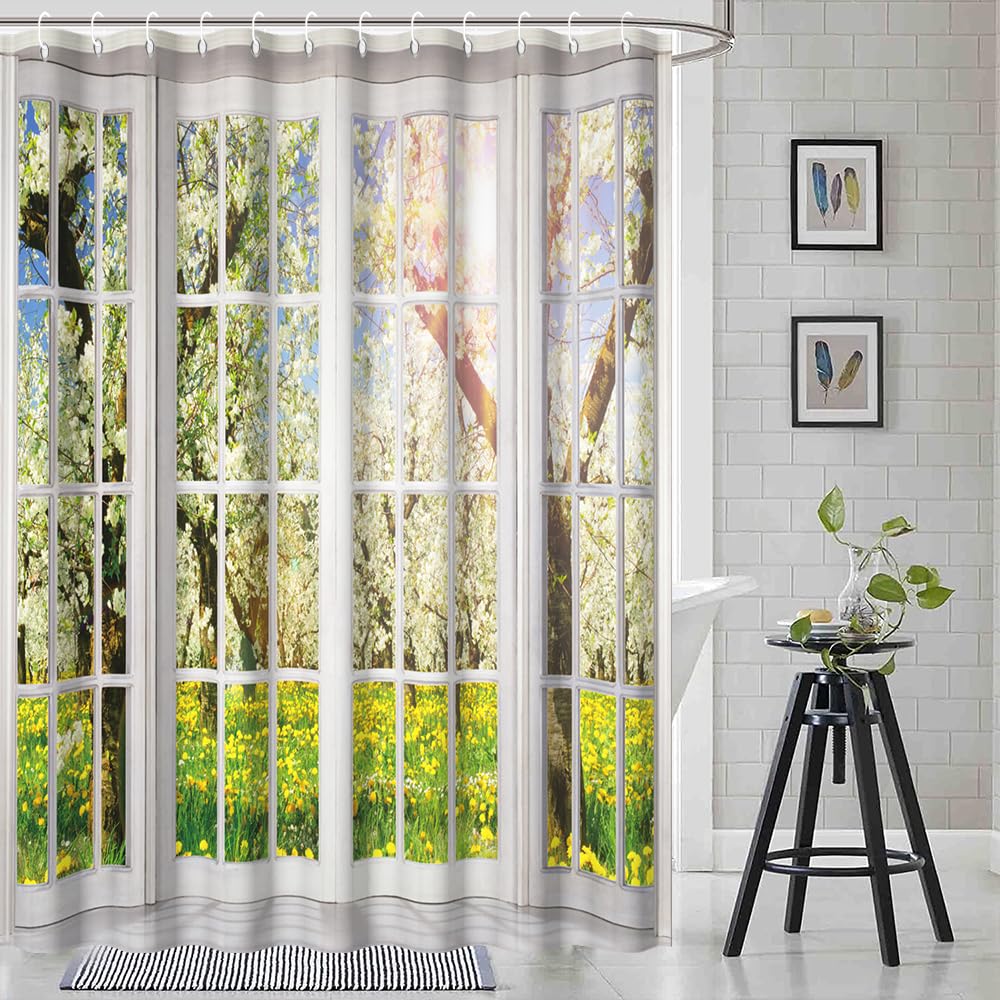 72x72inch Spring Sunrise Scenery Shower Curtain Sets French Style European White Curtain Bath Curtain for Bathroom Natural Scenery Floral Plants Outside Window Bathtub Stall Decor with Hooks (72"W x 72"L (Pack of 1) / Green02)