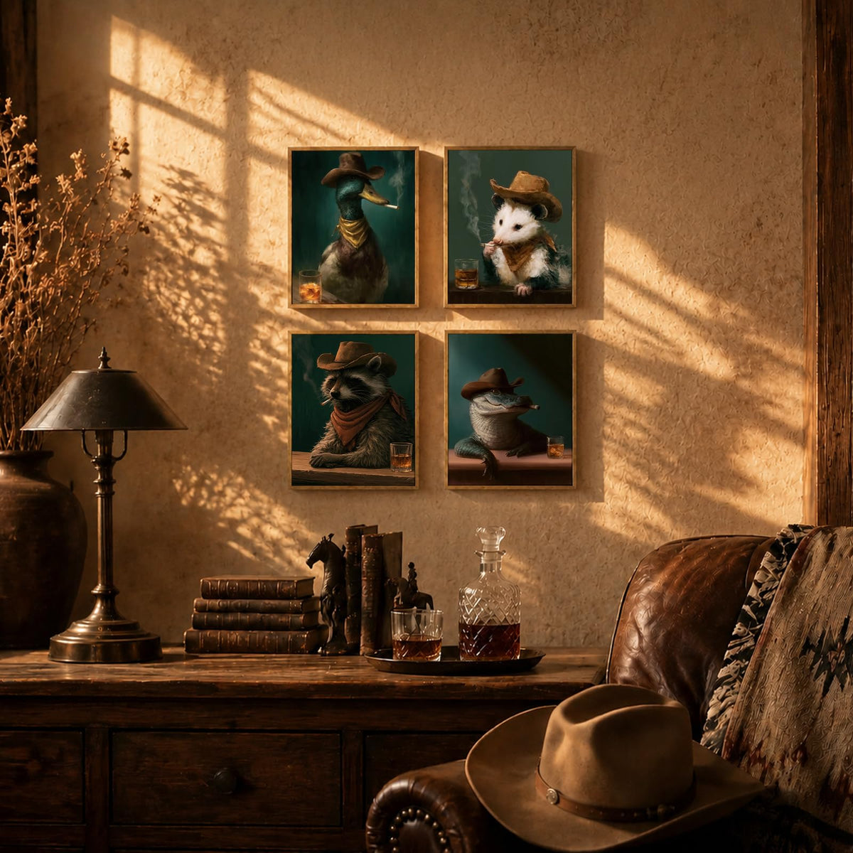 Framed Vintage Cowboy Raccoon Wall Art Funny Animal Wall Decor (Cowboy Raccoon / 8"L x 10"W)
