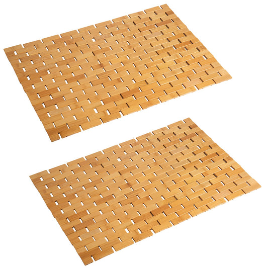 Bambo Bath Mat Bathroom Rugs Floor Wood Shower Bathtub Waterproof Non Slip Natural Accessories 16x24 Inch Easy to Clean (Natural / 16x24 Inch-2 pcs)