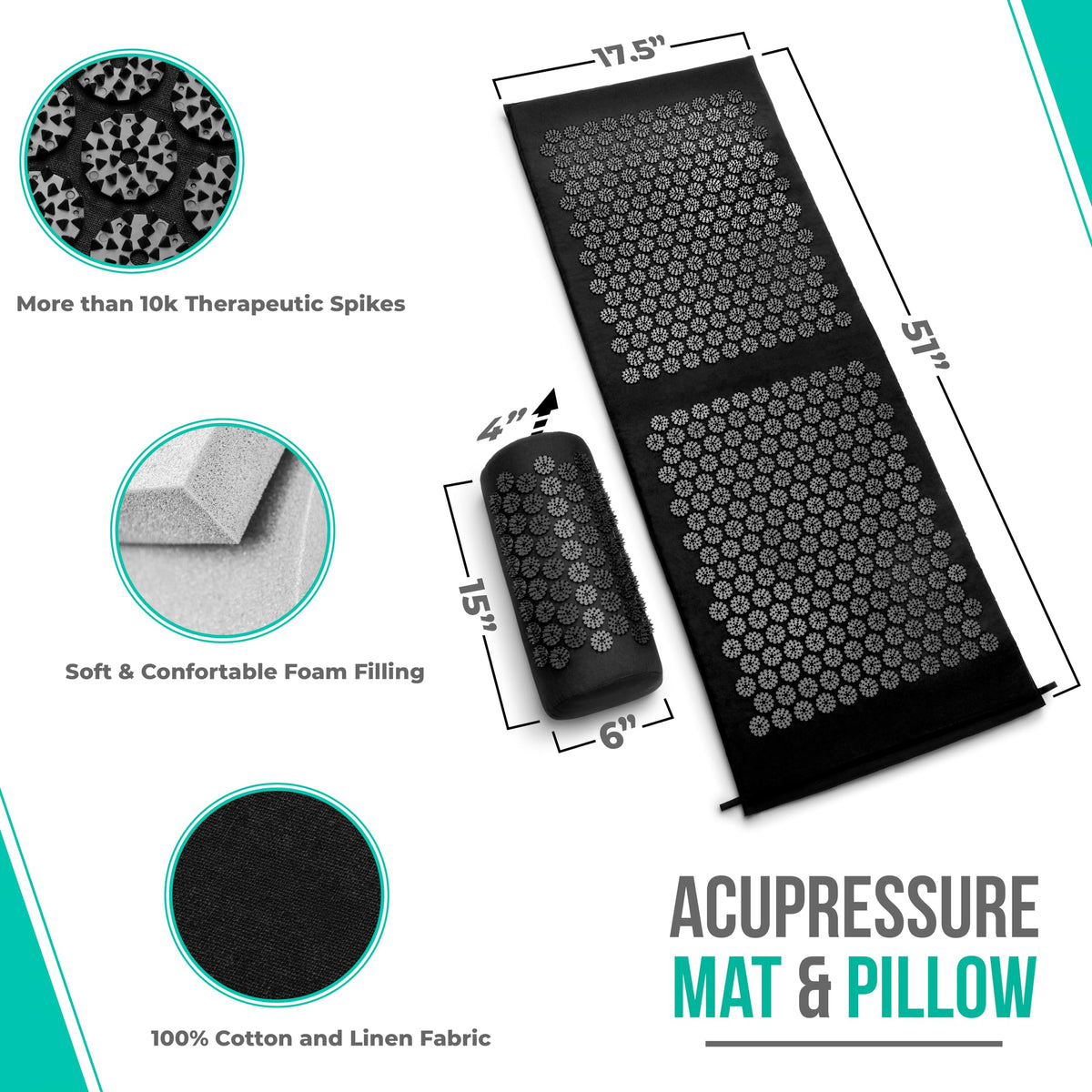 Sivan Acupressure Mat & Pillow Set for Back & Neck (Black/Black / XL)