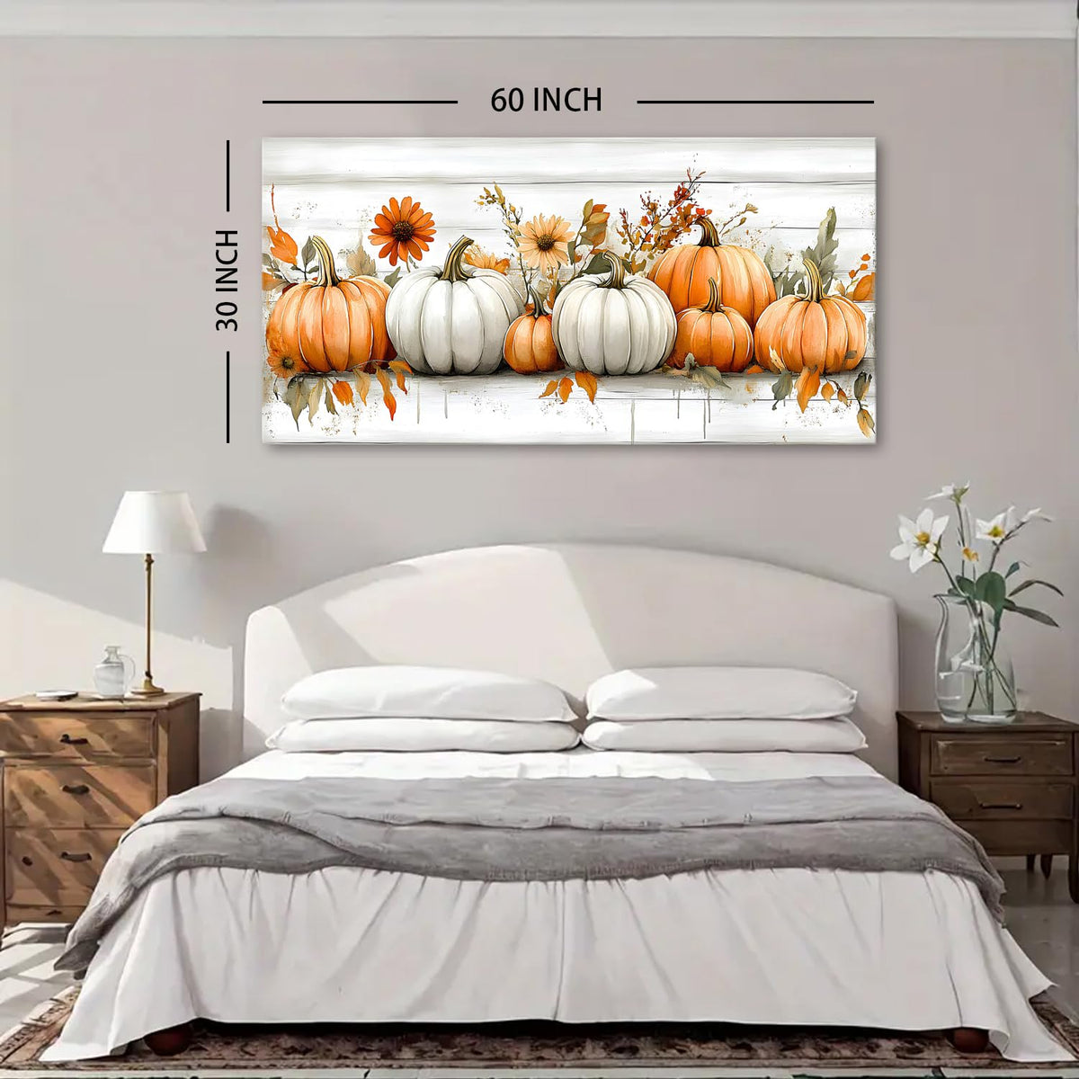 Farmhouse Pumpkin Flowers Canvas Wall Art Living Room Wall Decor (60"x30"x1 / Pumpkin6)