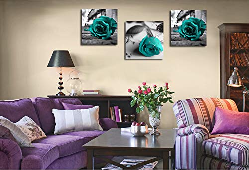 Teal Rose Flowers Canvas Wall Art 12x12 Set of 3 Framed Bathroom Decor (12 inch x 12 inch x 3 panels / Teal Rose Flowers)