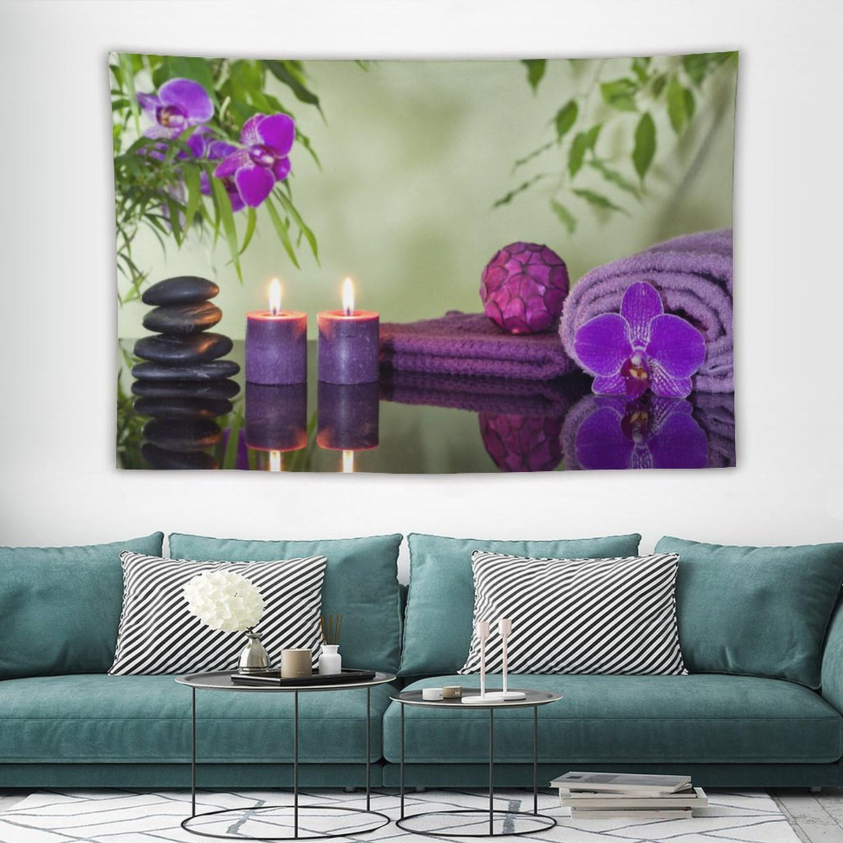 Spa Zen Tapestry Wall Hanging Asian Stones Purple Candles Orchids Bloom Aromatic Tapestries Home Decor for Living Room Bedroom Farmhouse Kitchen Dorm 40"x60" (40"L x 60"W / Zen-5)