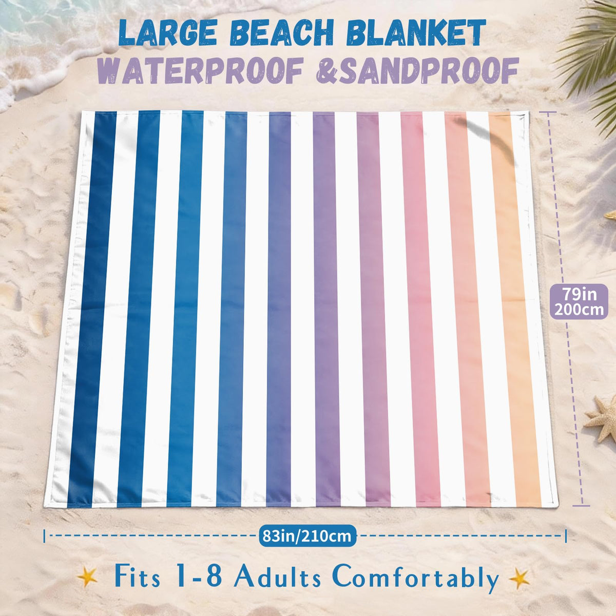 Beach Blanket Waterproof Sandproof (Navy Stripes / 79“×83”)