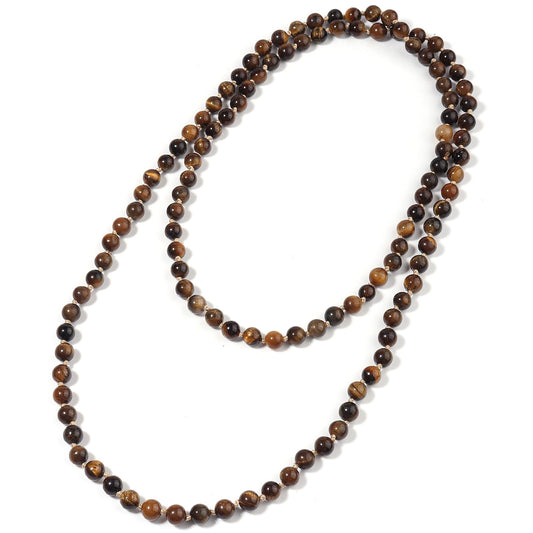 108 Mala Beaded Long Necklace Hand Knotted for Women (Tiger Eye)