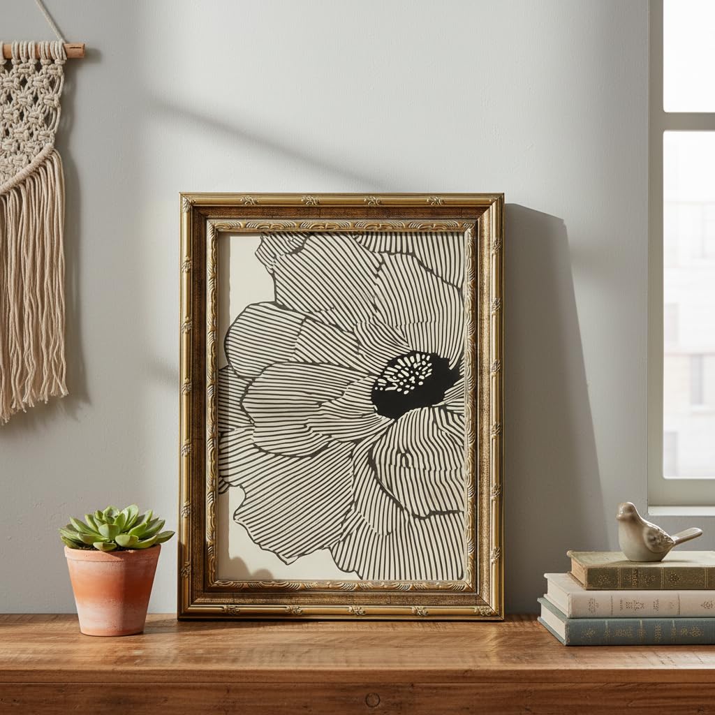 Vintage Gold Framed Wall Art (Linear Floral / 24"L x 16"W)